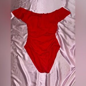 La Blanca Cherry Red Island Goddess Off Shoulder Ruffle One Piece